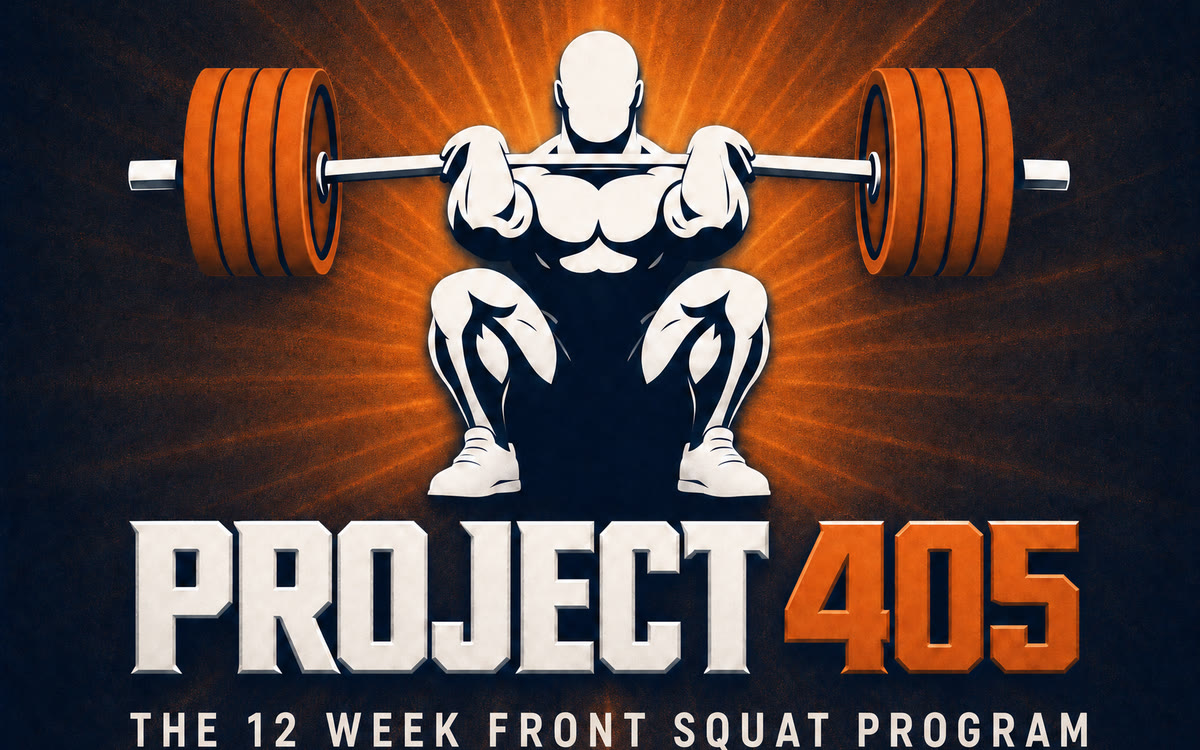 Project 405 logo: a lifter in a front squat, four plates a side. The 12 week front squat program.