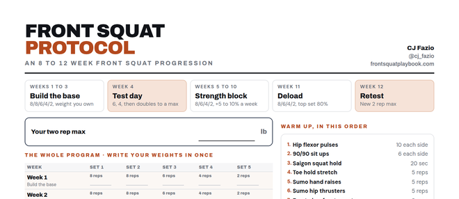 The Front Squat Protocol sheet